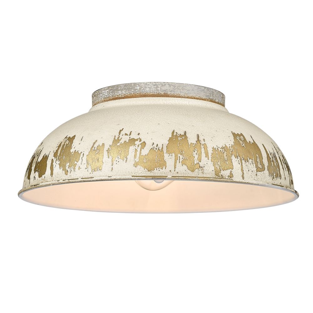 Golden Lighting 0865-FM AGV-AI Kinsley Flush Mount in Aged Galvanized Steel with Antique Ivory Shade Shade